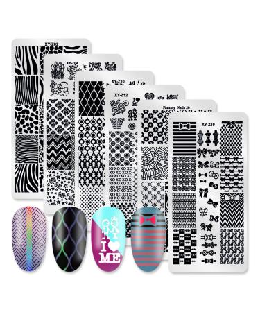 DANNEASY 6Pcs Nail Plate Stamping Set 1Nail Stamper 1Scraper 1Storage Bag Geometry Stripe Butterfly Design Nail Template Image Plate Manicure Stamp Kit Lovely Style