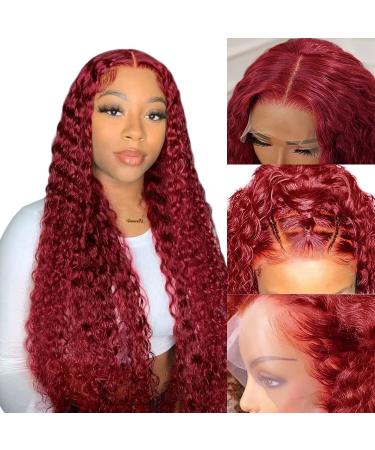 13x4 99J Lace Front Wigs for Women Burgundy Deep Wave Lace Front Wigs Human Hair Pre Plukced with Baby Hair Red Colored Deep Curly Human Hair Wigs 150% Density 99j curly lace front human hair wigs 18 Inch