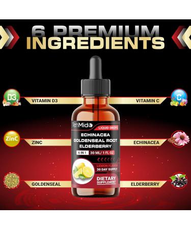 Tenmido Echinacea Goldenseal Tincture - 6in1 with Vitamin D3 Vitamin C Zinc and Elderberry - Immune System Support - Vegan Non-GMO - 30ml 1 Fl Oz - Buy Online on GoSupps.com
