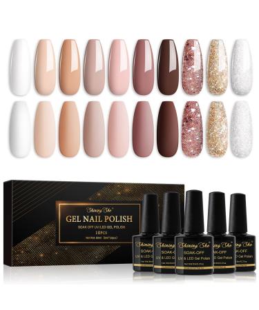 Shining She Gel Nail Polish 10 Colors Nude Pink White Champagne Brown Glitter Gold Sliver Pastel Gel Polish Set Soak-Off UV/LED Nail Polish Gel Gift for Nail Art Salon DIY Home 8ML White+Chrome+Brown