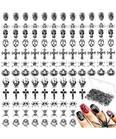 180 Pieces 3D Halloween Nail Art Charms Skull Cross Nail Charms Skull Nail Charms Rhinestones Ghost Bat Skeleton Nail Charms Metal 3D Vintage Alloy Nail Decor for DIY Halloween Nail Women(Silver)