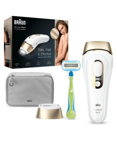 Braun IPL Silk Expert Pro 5 Visible Permanent Hair Removal for Women & Men With Premium Pouch & Venus Razor Alternative For Laser Hair Removal PL5014 White/Gold