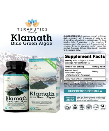 Organic Premium Klamath Blue Green Algae Capsules - Pure Chlorophyll SuperFood | 500mg 60 Vegan Capsules - Buy Online on GoSupps.com