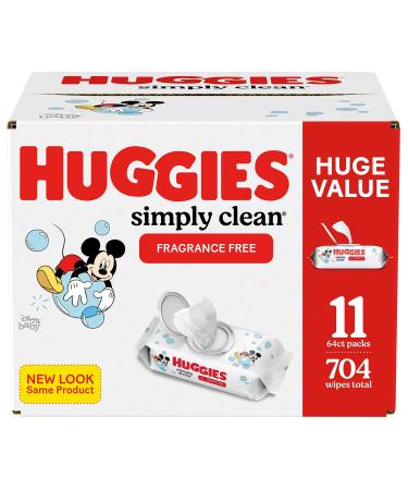 Baby Wipes, Unscented, Huggies Simply Clean Fragrance-Free Baby Diaper Wipes, 11 Flip Lid Packs (704 Wipes Total) 11 Flip-Lid Packs (New)