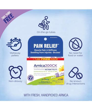 Boiron Arnica Montana 200CK Homeopathic Medicine for Pain Relief Muscle Pain & Stiffness Swelling from Injuries & Bruises - 3 Count (240 Pellets) - Buy Online on GoSupps.com