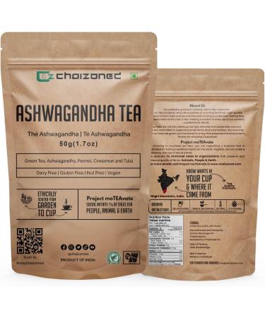 CHAIZONED Ashwagandha Tea Blend - Green Tea Fennel Tulsi & Cinnamon - For Cognitive Focus Immune Support Heart & Stress Support - Energizing Refreshing & Relaxing - Cultivated in India - Brews upto 25 Cups - 50g (1.7 oz) - Buy Online on GoSupps.com