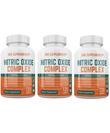 KRK SUPPLEMENTS 3 Bottles Nitric Oxide Complex 3500mg Per Serving L-Arginine HCL AAKG AKG Alpha Ketoglutarate Citrulline Malate 360 Total Capsules