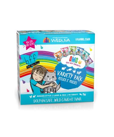 Weruva B.F.F. OMG - Best Feline Friend Oh My Gravy! Grain-Free Natural Wet Cat Food Pouches, Land & Sea Recipes in Gravy Potluck O' Pouches Variety Pack 2.8 Ounce (Pack of 12)