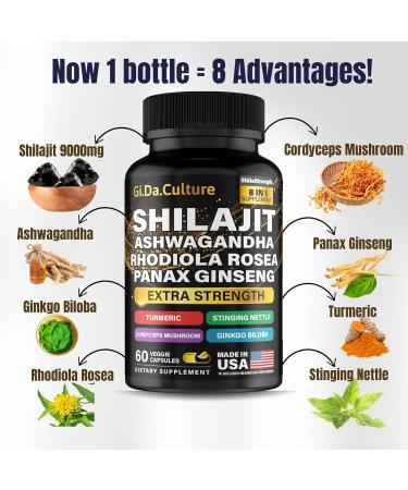 Shilajit Ashwagandha Rhodiola Rosea Panax Ginseng - for Men and Women - Shilajit Capsules - 60 Veggie Capsules 60 Count (Pack of 1) - Buy Online on GoSupps.com