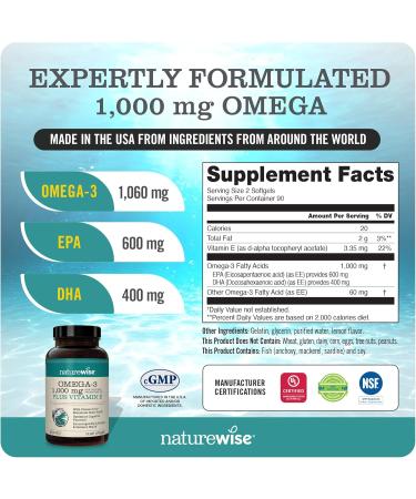 NatureWise 1000mg Omega 3 600mg EPA 400mg DHA with Vitamin E 180ct & Vitamin B Complex for Cellular Energy 60 Softgels 2-Month  - Buy Online on GoSupps.com