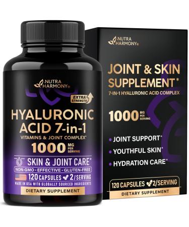 Hyaluronic Acid Supplements 1000 mg - Collagen | MSM | Boswellia | Vitamin D3 C & E - Hyaluronic Acid Capsules - Skin Hydratation & Joint Comfort Support - 7-in-1 Complex - Made in USA - 120 Capsules 120 Count (Pack of 1)