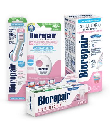 Biorepair oral care gum protection contains toothbrush and toothpaste to protect the gums expandable dental floss mouthwash to protect the gums