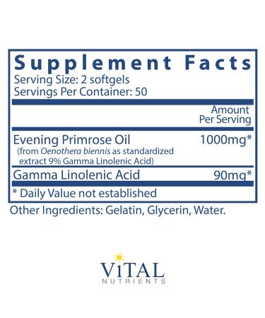 Vital Nutrients Evening Primrose Oil 1000mg - Cold-Pressed GLA Omega-6 Fatty Acid - 100 Softgels - Buy Online on GoSupps.com