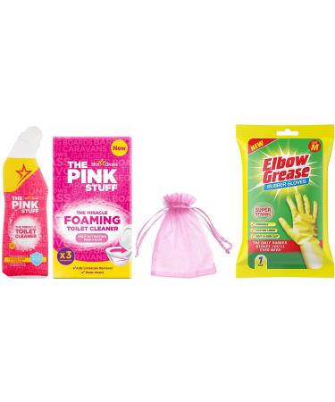 The Pink Stuff Miracle Toilet Cleaner Gel 750ml + The Pink Stuff Foaming Toilet Cleaner (1pk contains 3 x 100g sachets) 1Pk + Elbow Grease Rubber Gloves Cotton Lined 1Pair Size M