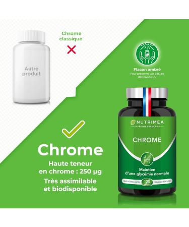 CHROME - 100% Pure Formula - 250 g of Chromium Picolinate - Maintaining Blood Sugar Level and Control of Appetite - 120 Vegan Capsules - Nutrimea - Made in France - Buy Online on GoSupps.com