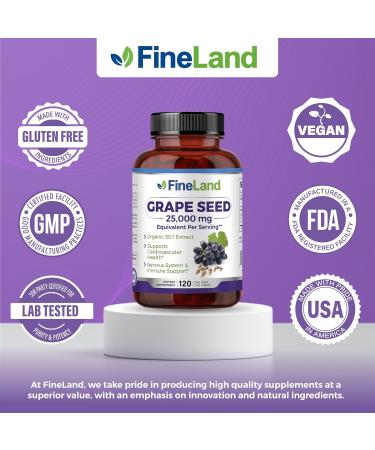FineLand Grape Seed Extract 50:1 25 000mg Equivalent per Capsule 120 Vegan Capsules Rich in Antioxidants | Heart Immune & Circulation Support Non-GMO | Made in USA - Buy Online on GoSupps.com