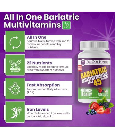 Procare Health Bariatric Multivitamin with Iron 45mg Chewable (30 Tablets) - Fruit Punch Flavor Bariatric Multivitamin Chewable Pills for Gastric Bypass & Sleeve Gastrectomy Patients (01 Month Supply) 30 Count (Pack of 1) - Buy Online on GoSupps.com