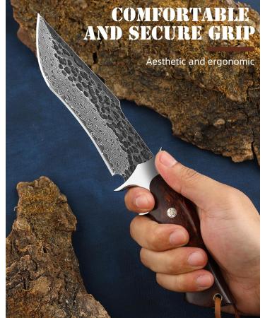 Omesio High-Quality Damask Hunting Knife | Japanese Style Damast Steel Survival Knife | Brown Outdoor Knife - Buy Online on GoSupps.com