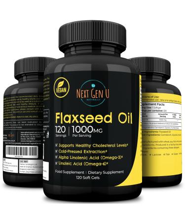 Next Gen U Flaxseed Oil w/Omega 3 6 9 Cold Pressed Food Supplement 1000 mg 120 Vegan Softgels