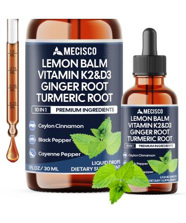 10in1 Lemon Balm Liquid Drops with Vitamin D3 Vitamin K2 Lemon Balm Ginger Turmeric Ceylon Cinnamon Black Pepper - for Digestion & Relaxation - 1 FL Oz - 30 Day Supply