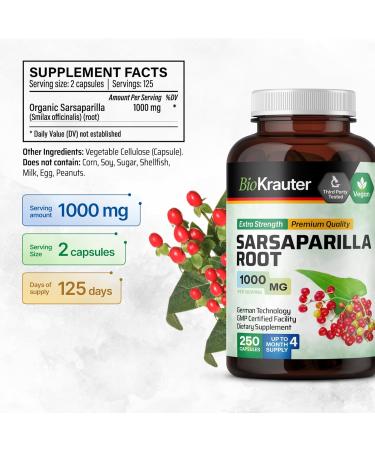 BIO KRAUTER Sarsaparilla Root Capsules - 1000 mg Strength - 250 Vegan Sarsaparilla Extract Caps - No Fillers - Buy Online on GoSupps.com