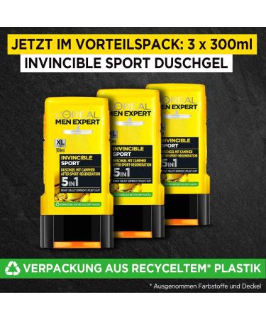 L'Or al Paris LOr al Men Expert Invincible Sport shower gel with citrus scent cleanses face body and hair without drying out regenerates muscles after sports 3 x 300 ml - Buy Online on GoSupps.com