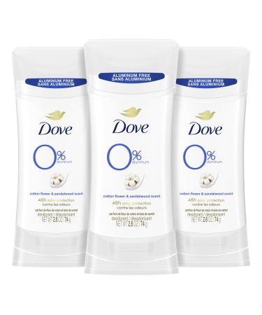 Dove 0% Aluminum Deodorant Stick Cotton Flower & Sandalwood 3 count for 48-Hour Odor Protection Aluminum Free Deodorant 2.6 oz Sandalwood 2.6 Ounce (Pack of 3)
