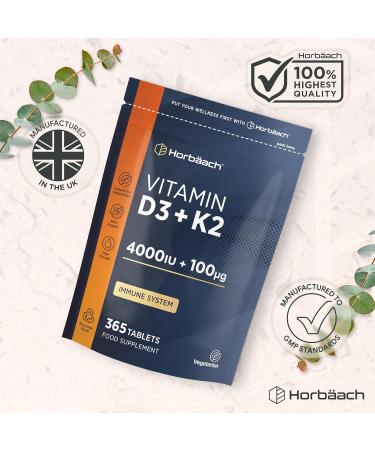 Vitamin D3 K2 High Strength Tablets | 365 Count | Vitamin D3 4000iu and Vitamin K2 MK7 100ug | Immune and Bone Support | Vegetarian | by Horbaach - Buy Online on GoSupps.com