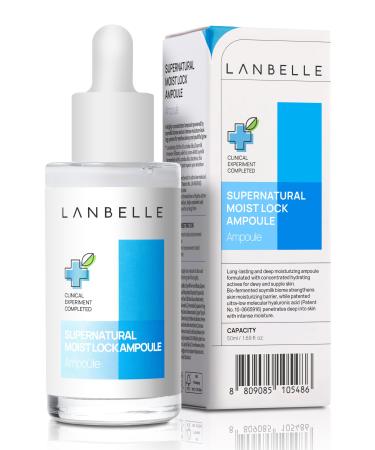 LANBELLE Supernatural Moist Lock deep hydrating Ampoule 1.69 Fl Highly Concentrated Soymilk Biome Ultra-Low Molecular Hyaluronic Acid for Dry and Dull Skin