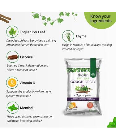 Herbion Naturals Ivy Leaf Cough Drops - Honey Lemon Flavor with Thyme & Licorice | Soothes Cough for Adults & Kids | Non-Drowsy | 25 Drops (Pack of 6 - Buy Online on GoSupps.com