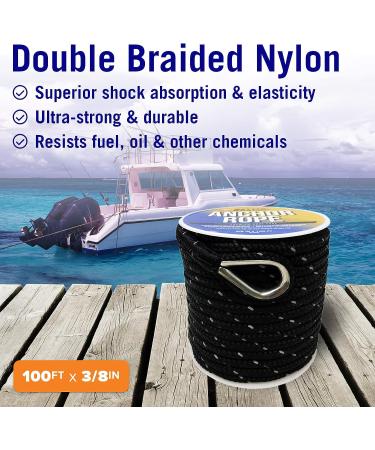 Premium 3/8 Inch Double Braided Boat Anchor Rope - 100 Ft Black Nylon Marine Line Reel for Anchors & Boats - Buy Online on GoSupps.com