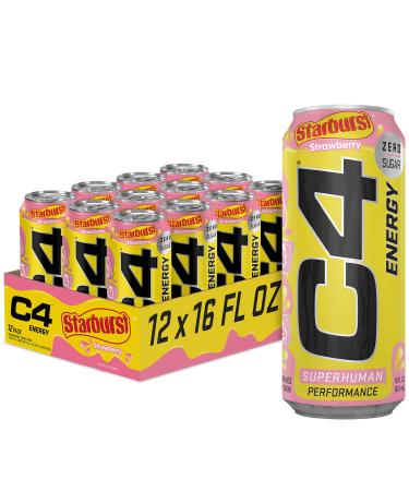 Cellucor C4 Energy Drink, STARBURST Strawberry, Carbonated Sugar Free Pre Workout Performance Drink with no Artificial Colors or Dyes, Pack of 12 Starburst Strawberry 16 Fl Oz (Pack of 12)