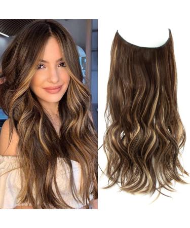 Invisible Wire Hair Extensions Chocolate Brown to Caramel Blonde Hair Extensions 20 Inch Wavy Hair Pieces for Women Friendly Synthetic Hair Extensions 20 inch Chocolate Brown to Caramel Blonde