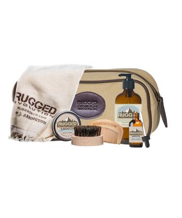 Smooth (Sweet Almond) - Mild Strength Premium Beard Care Combo Rugged Distinction - Facial Hair Care Balm Beard Oil & Shampoo - Grooming Towel Brush Comb & Bag (7 Piece)
