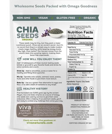 Viva Naturals Organic Raw Chia Seeds 1 lb - Premium Quality Superfood - Buy Online on GoSupps.com