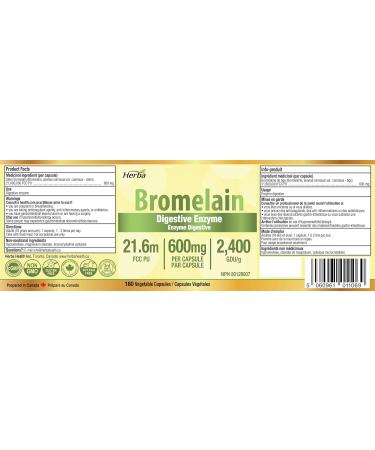 Herba Bromelain Supplement 600mg 180 Capsules | 2 400 GDU/g Max Potency | Powerful Digestive Enzymes for Women and Men | Made in Canada - Buy Online on GoSupps.com