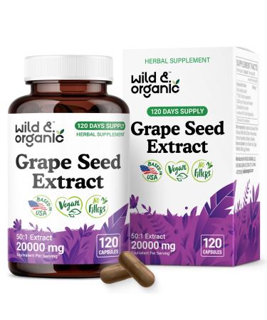 Wild & Organic Grape Seed Extract Capsules - 20 000 mg Strength Grapeseed Extract Equivalent - 95% Polyphenols - 400 mg per Serving - 120 Vegan Capsules - 4 Month Supply - Non-GMO 120 Count (Pack of 1)