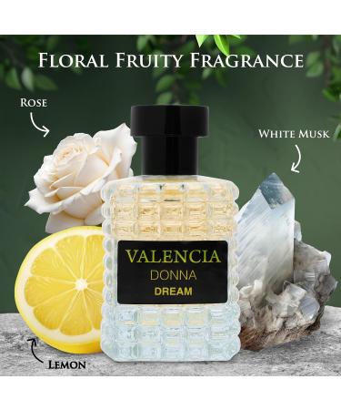 Valencia Donna Dream for Women Eau De Parfum - Citrus Floral Fragrance - Top Notes of Sweet Lychee & Calabrian Bergamot - Mid Tone of Turkish Rose Peony & Rose Water Blossom - Elegant 100ml Bottle - Buy Online on GoSupps.com