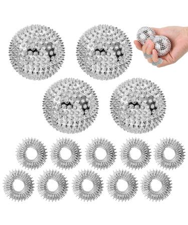 Mhduyeg 2 pairs hedgehog ball massage + 10 pieces finger massage ring skills borderline set acupressure ball massage rings for fingers hedgehog balls set for stress relief and circulatory increase (silver)