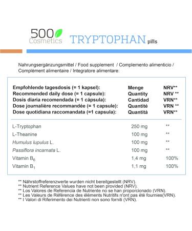 500Cosmetics Tryptophan Natural Supplement for Stress and Anxiety Improves Sleep and Fights Insomnia 100% Natural 1 Daily Use Made in EU (3) - Buy Online on GoSupps.com