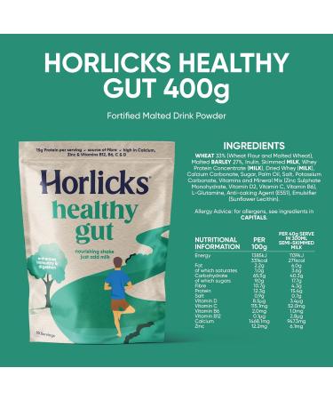 Horlicks Healthy Gut 400g: Malted Milk Protein Powder with Vitamin B12, B6, C, D for Digestion & Immune Support | 15g Protein | Prebiotics & Glutamine | 10 Servings - Buy Online on GoSupps.com