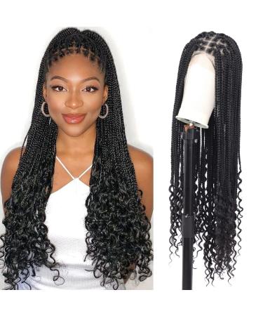 Fecihor 36 Full Double Lace Braided Wigs with Boho Curly Ends Knotless Cornrow Box Braided Wig for Black Women Synthetic Lace Front Black Braids Wigs with Baby Hair