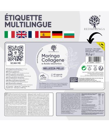 Collagen and Hyaluronic Acid with Copper Zinc Biotin Vitamin A B2 B3 C Moringa Bio | Supplement for Skin and Joints | Anti-Wrinkle | Made in Italy RedMoringa (180 Capsules) - Buy Online on GoSupps.com