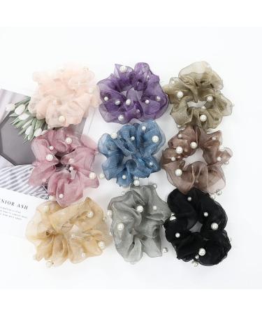 Sparkly Pearls Stretchy Lace Hair Scrunchies Set - 9 Pack for Women and Girls - Buy Online on GoSupps.com