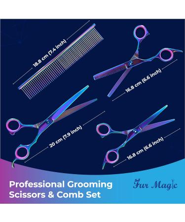 Fur Magic Dog Grooming Scissors Set 4 Pieces Stainless Steel Grooming Products for Dogs and Cats with Straight Scissors Thinning Scissors Curved Scissors and Grooming Comb - Buy Online on GoSupps.com
