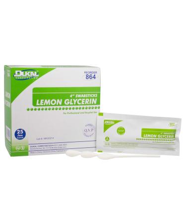 Dukal Lemon Glycerin Swabsticks 4 inch. Pack of 25 applicators. Lemon Flavored Swabsticks for Oral Care. Non-sterile swabsticks for Medical Applications. Convenient triples. Single use.
