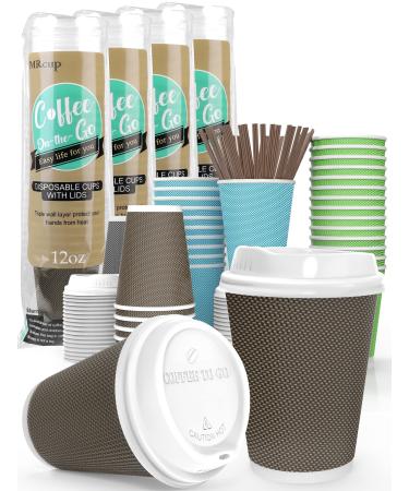 MRcup 12 oz Hot Beverage Heat-free Coffee Cups with Lids and Straws, Insulated Triple Wall Leak-free Disposable Coffee Cups, Anti-slip Anti-spill Togo Reusable Paper Cups, Brown 40 Packs Brown 40
