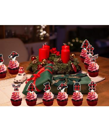 TSJ 24 PCS Christmas Cupcake Toppers Cake Decorations Xmas Cupcake Picks Christmas Party Decorations Red Black Grid - Buy Online on GoSupps.com