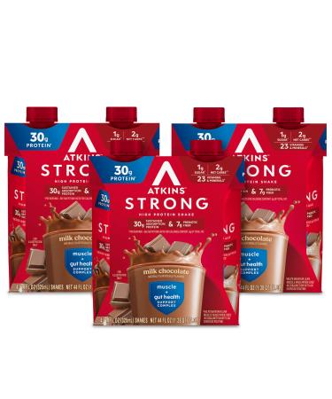 Atkins Strong High Protein Shake, Milk Chocolate Flavored, 30g Protein, Low Carb and Low Sugar Shake, Keto Friendly, Gluten Free Ready to Drink Shake, Muscle and Gut Health Support Complex, 12 Count Chocolate 11 Fl Oz (Pack