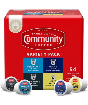 Community Coffee Variety Pack 54 Count Coffee Pods, Medium Dark Roast, Compatible with Keurig 2.0 K-Cup Brewers 4-Blend Variety 54 Count (Pack of 1)